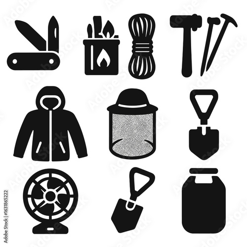 Camping Gear Icons. Solid style icons of camping gear: multitool knife, waterproof matchbox, rope bundle icon, tent pegs and