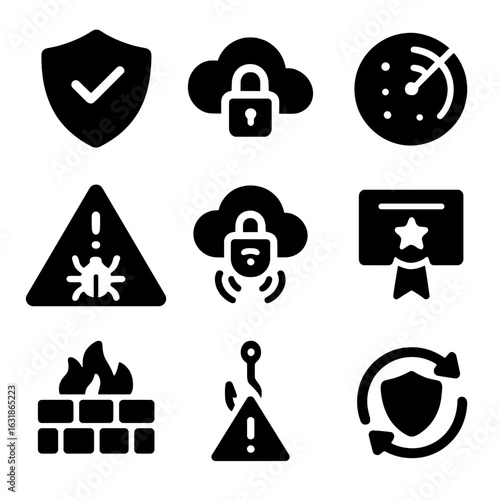 Cybersecurity System Icons. Solid style icons of cybersecurity systems: antivirus shield, secure cloud icon, threat detection