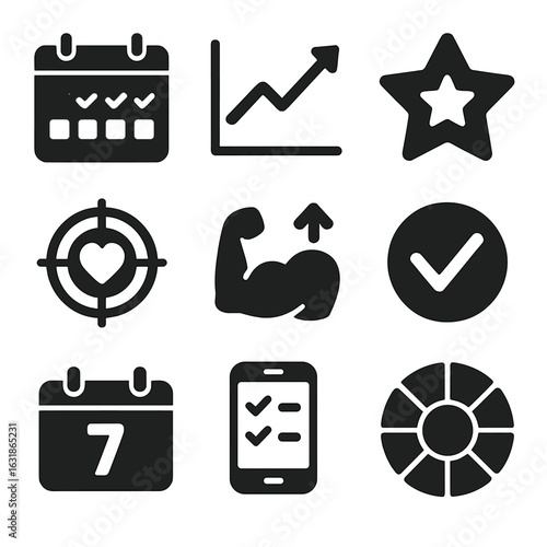 Wellness Tracking Icons. Solid style icons of wellness tracking: habit tracker calendar, health graph rising, progress star icon,