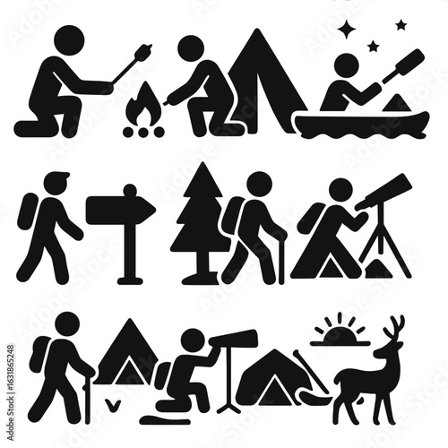 Camping Activity Icons. Solid style icons of camping activities: person roasting marshmallow, pitching a tent, canoeing icon,