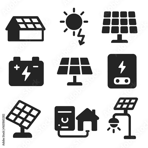Solar Energy Icons. Solid style icons of solar energy systems: solar roof panel, sun with energy arrow, solar farm layout, solar