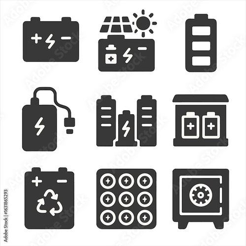Battery Storage Icons. Solid style icons of battery storage and innovation: lithium battery icon, solar storage pack, battery with