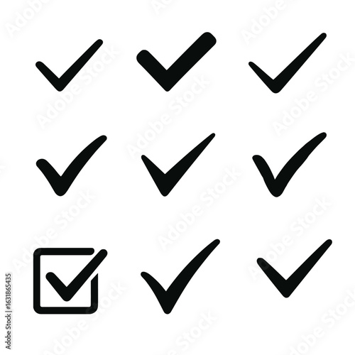 Diverse Checkmark Icons. Solid style icons of diverse checkmark shapes: straight narrow check, bold wide checkmark, minimalistic