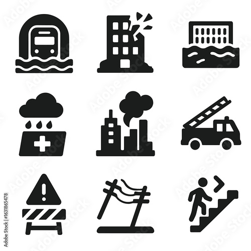 Urban Emergency Icons. Solid vector icons of urban impact: flooded subway station, building collapse icon, storm drain backup,
