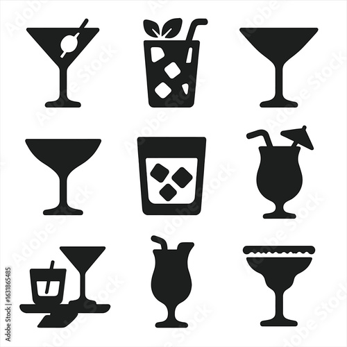 Cocktail Icon Set. Solid style icons of cocktail types: martini with olive, mojito with mint and straw, cosmopolitan glass,