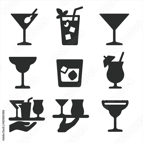Cocktail Icon Set. Solid style icons of cocktail types: martini with olive, mojito with mint and straw, cosmopolitan glass,
