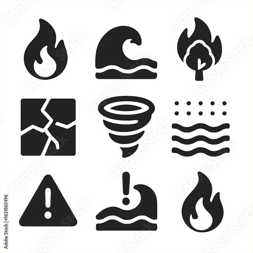 Minimal Catastrophe Symbols. Solid style icons of minimal catastrophe symbols: monoline fire icon, simplified storm wave, single