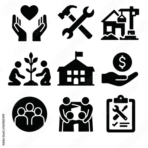 Community Recovery Symbols. Solid style icons of community recovery and rebuilding: hands with heart over ruins, rebuilding tools
