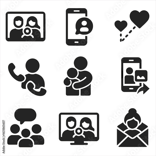 Remote Family Connection Icons. Solid style icons of remote family connection: video call with family, mobile chat icon,