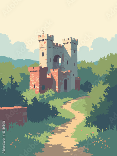 Pontefract – Castle ruins and orchard walls in fortress gray, apple green, brick red, and overcast white