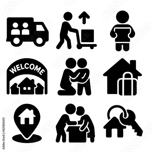 Moving and Relocation Icons. Solid vector icons of mobility and relocation: moving truck with family, relocating icon, child with