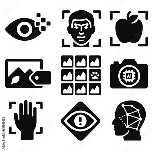 Computer Vision Icons. Solid style icons of computer vision and image recognition: eye with pixels, facial recognition grid,