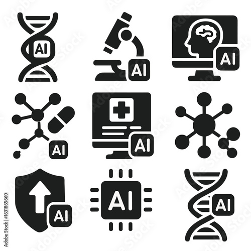 AI in Medicine Icons. Solid style icons of AI in science and medicine: DNA strand with AI symbol, AI microscope, medical imaging