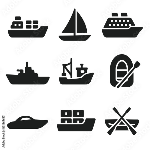 Sea Transport Icons. Solid style icons of sea transport: cargo ship icon, sailing boat silhouette, cruise liner, naval warship