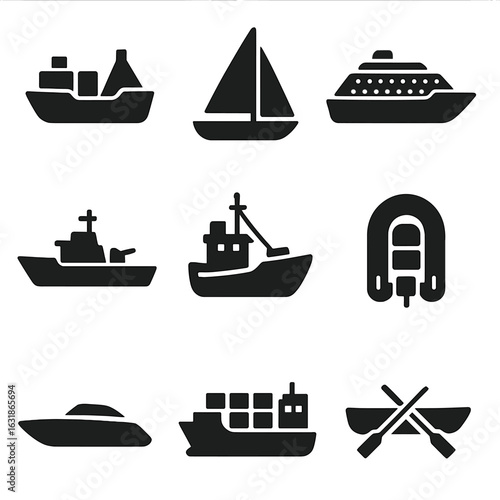 Sea Transport Icons. Solid style icons of sea transport: cargo ship icon, sailing boat silhouette, cruise liner, naval warship
