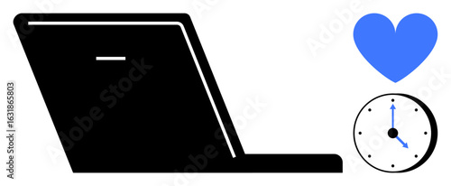 Minimalist laptop icon beside a blue heart and clock emphasizing productivity, self-care, and efficiency. Ideal for wellness, remote work, mindfulness, scheduling, balance, time tracking simple