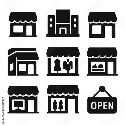 Retail Space Icons. Solid vector icons of storefronts and retail spaces: small city shop facade, shopping mall icon, pop-up store