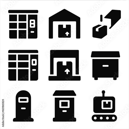 Urban Delivery Icons. Solid style icons of urban delivery infrastructure: parcel locker icon, delivery hub symbol, package chute,