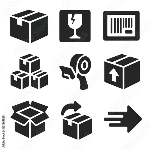 Parcel Handling Icons. Solid style icons of parcel and package handling: sealed parcel icon, fragile box symbol, barcode label,