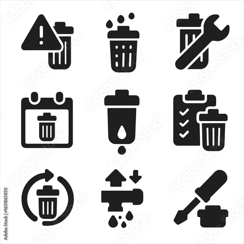 Filter Maintenance Icons. Solid style icons of filter maintenance and replacement: filter change alert, used cartridge icon,