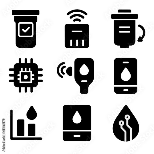 Purification Tech Icons. Solid vector icons of purification technology and innovations: smart filter display, IoT-connected