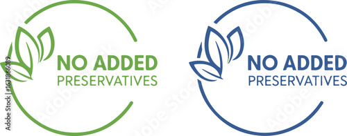 "No Added Preservatives" Label with Leaves in Green and Blue on White Background	