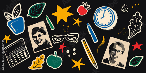 Retro collage of school supplies and portraits on a black background