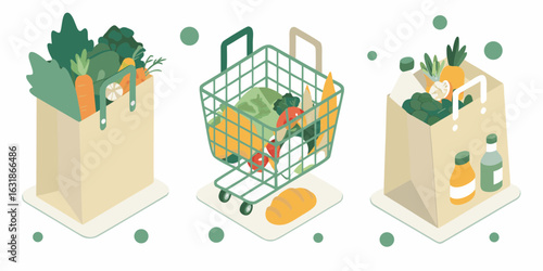 Healthy groceries in shopping bags and cart with bread and bottles