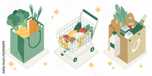 Grocery shopping with fresh produce and dairy products