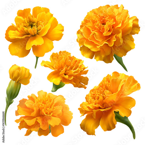 set of beautiful yellow marigold flowers png