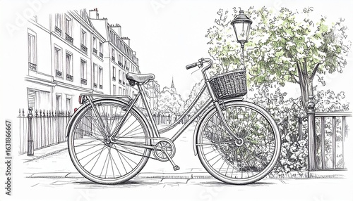 Monochrome pencil sketch of a vintage bicycle parked near the Eiffel Tower, capturing Parisian charm with delicate lines and classic urban elegance.
