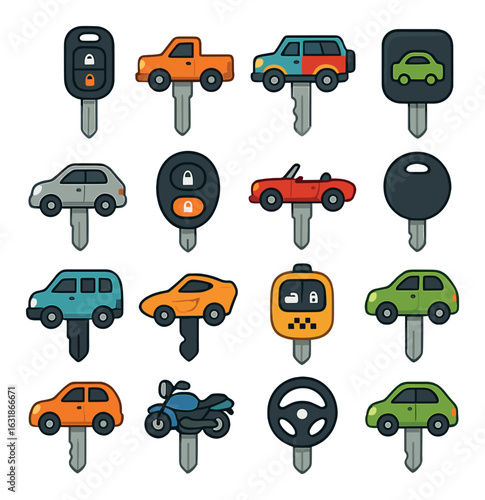 Colorful cartoon car keys with different vehicle icons and styles