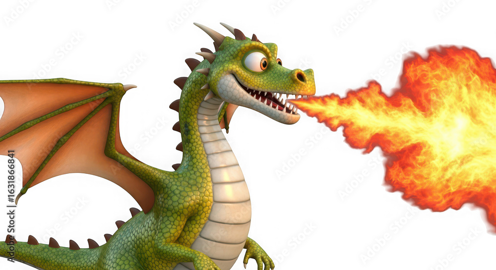 Fototapeta premium Green cartoon dragon breathing a large flame