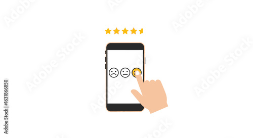 Excellent customer experience review. Hand selecting a positive happy face icon for a five-star rating on a phone screen.