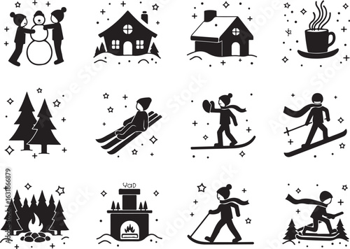 Winter fun icons with snow, skiing, and cozy cabin scenes, perfect for designs