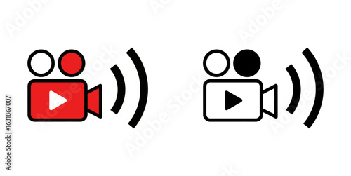 Live stream video camera icon set for broadcasting and online content. Red and black linear symbols for streaming media player isolated on white.