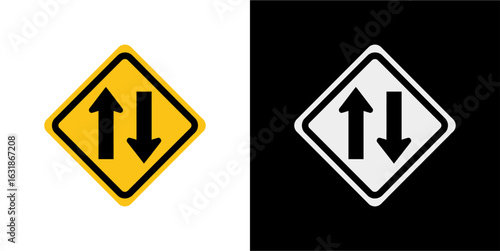 Free Download Illustration of a two-way traffic ahead road sign. A set of yellow and monochrome highway warning symbols with arrows. - GFXLoad