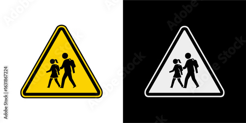 Yellow triangular road sign for a school crossing, warning of children pedestrians. Traffic safety symbol.