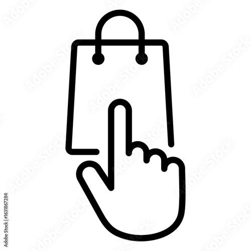 Logo tienda en línea. Icono bolsa de la compra con mano como puntero de ordenador con líneas 