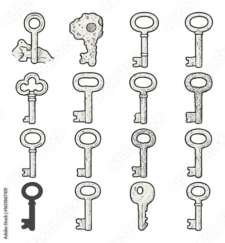 Collection of antique skeleton keys on vintage background