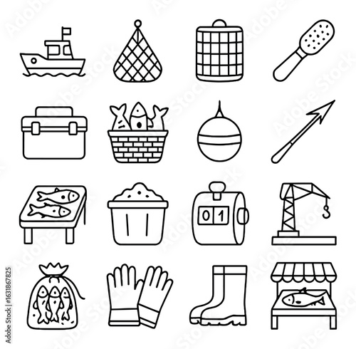 Fishing icons set: boat, net, fish, tackle box, gloves, boots, buoy, harpoon
