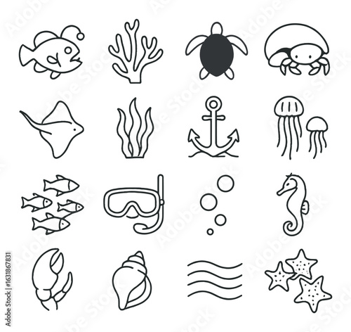 Nautical icons: marine life, sea creatures, and nautical symbols