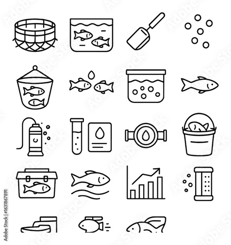 Set of 18 fish farming icons featuring equipment and tools