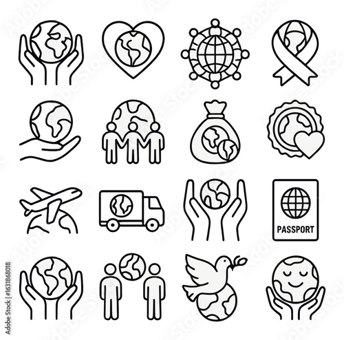 Global icons set featuring community, travel, and environmental symbols