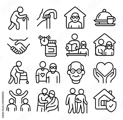 Icons representing elderly care and support services for aging adults
