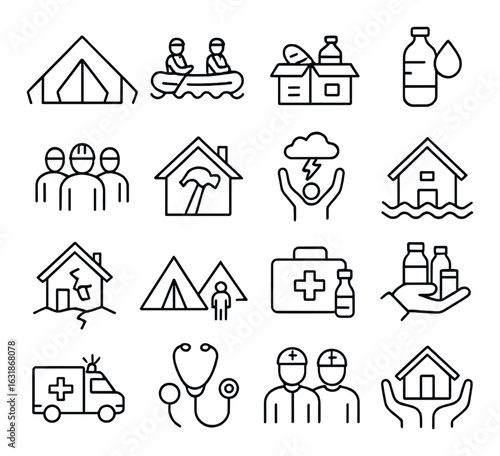 Humanitarian aid icons: shelter, medical, water, food, rescue, emergency support