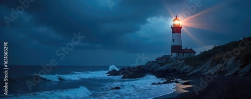 Majestic Coastal Lighthouse Beam Cuts Through Night Sky, Illuminating Dramatic Ocean Waves