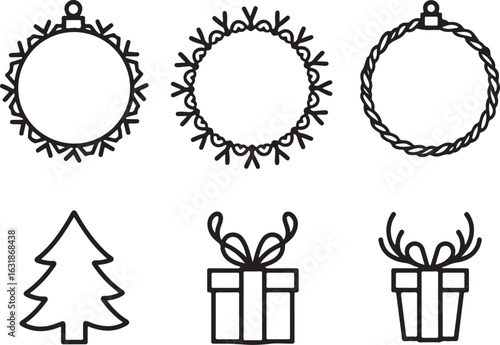 Festive Christmas ornaments, tree, and gifts for holiday designs and greetings
