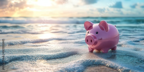 Fototapeta Naklejka Na Ścianę i Meble -  Pink piggy bank resting on sandy beach by the ocean during sunset with gentle waves lapping around it