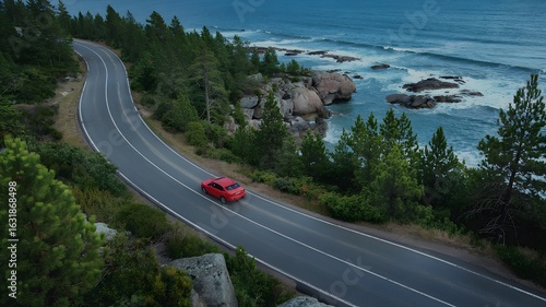 Red car driving scenic coastal road, ocean views, adventure travel, summer vacation, open road freedom